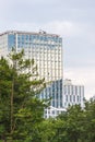 High-rise office building among evergreen coniferous pine forest in the park.