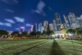 High rise office building and public park in downtown Royalty Free Stock Photo