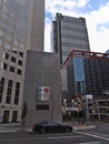 High-rise office buildings in Calgary downtown with logos of Bank of Montreal (BMO), Field Law and TD Canada Trust. Royalty Free Stock Photo
