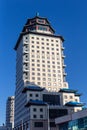 High-rise residential building in form of Chinese pagoda in center of modern city of Astana. Republic of Kazakhstan