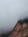 High rock in low clouds and flying crows. Dramatic alpine scenery with great rocks and mountains in dense low clouds. Beautiful Royalty Free Stock Photo