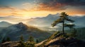 High rock mountain view wallpaper, with pine trees , with sunlight Generate AI