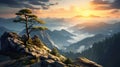 High rock mountain view wallpaper, with pine trees , with sunlight Generate AI