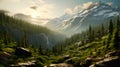 High rock mountain view wallpaper, with pine trees , with sunlight Generate AI