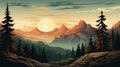 High rock mountain view wallpaper, with pine trees , with sunlight, green and yellow blur background , Generate AI