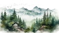 High rock mountain view wallpaper, with pine trees , with sunlight, green and yellow blur background , Generate AI