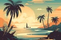 high saturation, cartoon, palm trees along the beach, ocean, Scenic View Of Shore And Sea Against Sky at sunset Royalty Free Stock Photo