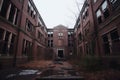 high-school, with broken windows and graffiti on the walls, looking abandoned and eerie