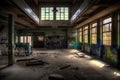 high-school, with broken windows and graffiti on the walls, looking abandoned and eerie