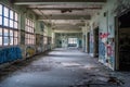 high-school, with broken windows and graffiti on the walls, looking abandoned and eerie