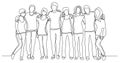 High school class of friends standing together - one line drawing