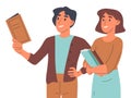 High school or college students standing with books. Girl and boy holding educational literature, reading young people isolated Royalty Free Stock Photo