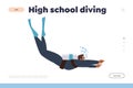 High school diving landing page template with male extreme diver character swimming underwater