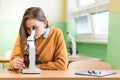 Student using microscope to examine samples in biology class. Royalty Free Stock Photo