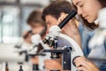 High school girl looking through microscope at school Royalty Free Stock Photo