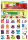 School Interior, Set of Backpacks Vector Image