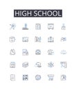 High school line icons collection. Middle school, Elementary school, Primary school, Higher education, Graduate school