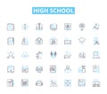 High school linear icons set. Adolescence, Homework, Extracurricular, Exams, Sports, Socializing, Cliques line vector