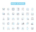 High school linear icons set. Adolescence, Homework, Extracurricular, Exams, Sports, Socializing, Cliques line vector Royalty Free Stock Photo