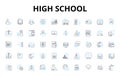 High school linear icons set. Adolescence, Homework, Extracurricular, Exams, Sports, Socializing, Cliques vector symbols Royalty Free Stock Photo