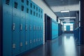 High school lobby corridor interior with row of blue lockers horizontal banner flat Royalty Free Stock Photo