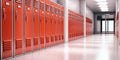 High school lobby with red color lockers, perspective view. Fitness Gym, sports club hallway. 3d illustration Royalty Free Stock Photo