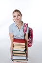 High school schoolgirl student with stack books Royalty Free Stock Photo