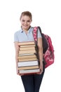 High school schoolgirl student with stack books Royalty Free Stock Photo