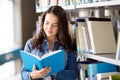 High school student girl reading book at library Royalty Free Stock Photo