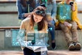 High school student girl reading book outdoors Royalty Free Stock Photo