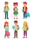 High school students. Kids pupils with globe, books and backpack. Schools boy and girl pupil characters vector set