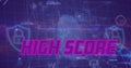 High score text banner against fingerprint scanner and network of connections on blue background