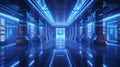 High-security server room with a blue glow, emphasizing data flow, large text area, pristine visuals