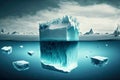 high sharp floating icebergs and melting ice banks with blocks of ice in ocean
