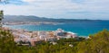 High side view from hills in St Antoni de Portmany, Ibiza, clearing November day. Warm autumn breeze, Balearic Islands, Spain. Royalty Free Stock Photo