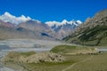 High snow mountain and big river valley in Tian Shan region