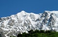 High snow mountain range above green valley