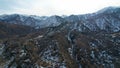 High snowy peaks stand in the distance. Drone view