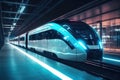 High-speed autonomous self-driving train at railway station at night. Generative AI