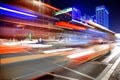 High speed and blurred bus light trails in downtown nightscape