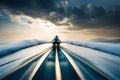 A high-speed boat race on a glassy lake, the boats kicking up sprays of water as they race toward the finish line Royalty Free Stock Photo