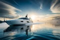 A high-speed boat race on a glassy lake, the boats kicking up sprays of water as they race toward the finish line Royalty Free Stock Photo