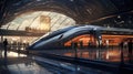 High speed bullet train at futuristic Railway Station platform. Royalty Free Stock Photo