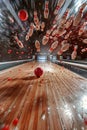 Bowling ball impact: striking pins on alley lane with forceful smash Royalty Free Stock Photo