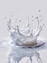 High-speed capture of white liquid splash creating an intricate crown shape with suspended droplets against a soft, neutral Royalty Free Stock Photo
