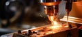 High speed cnc lathe tool with glowing cutting edge in sharp focus for precision machining