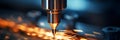 High speed cnc lathe tool with glowing cutting edge in sharp focus for precision machining