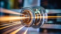 High speed cnc lathe tool with glowing cutting edge sharply focused for precision machining