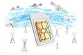 High speed data transfer concept. Sim card surrounded with network towers and satellites. Isolated on white background. 3D Royalty Free Stock Photo