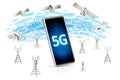 High speed data transfer concept. Smartphone surrounded with network towers and satellites. Isolated on white background. 3D Royalty Free Stock Photo